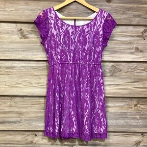 Purple Magenta Fuchsia and Tan Lace Overlay Dress